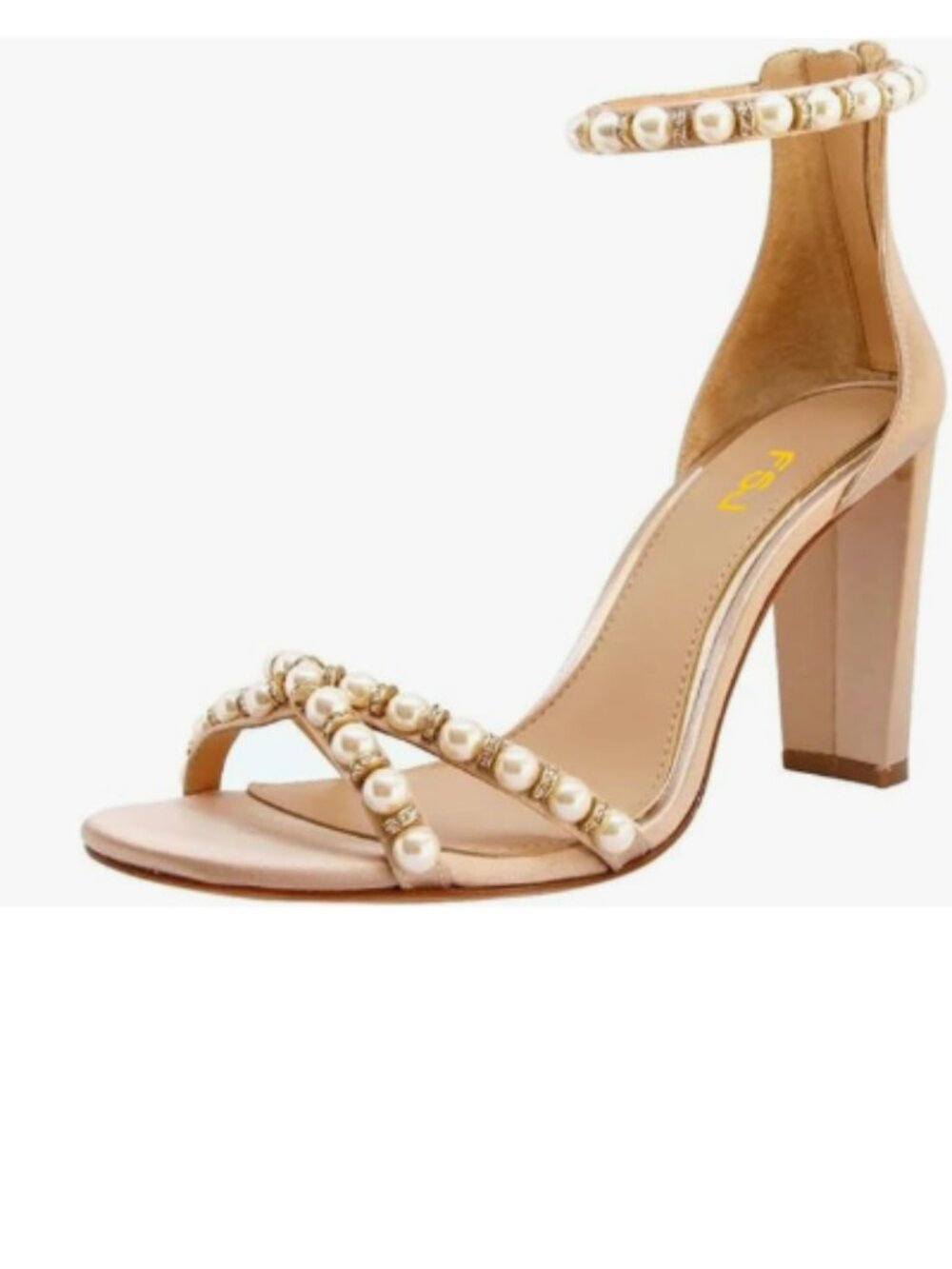 FSJ Pink Block Heel Open Toe Pearl Ankle Strap Sandals with Back Zipper Shoes